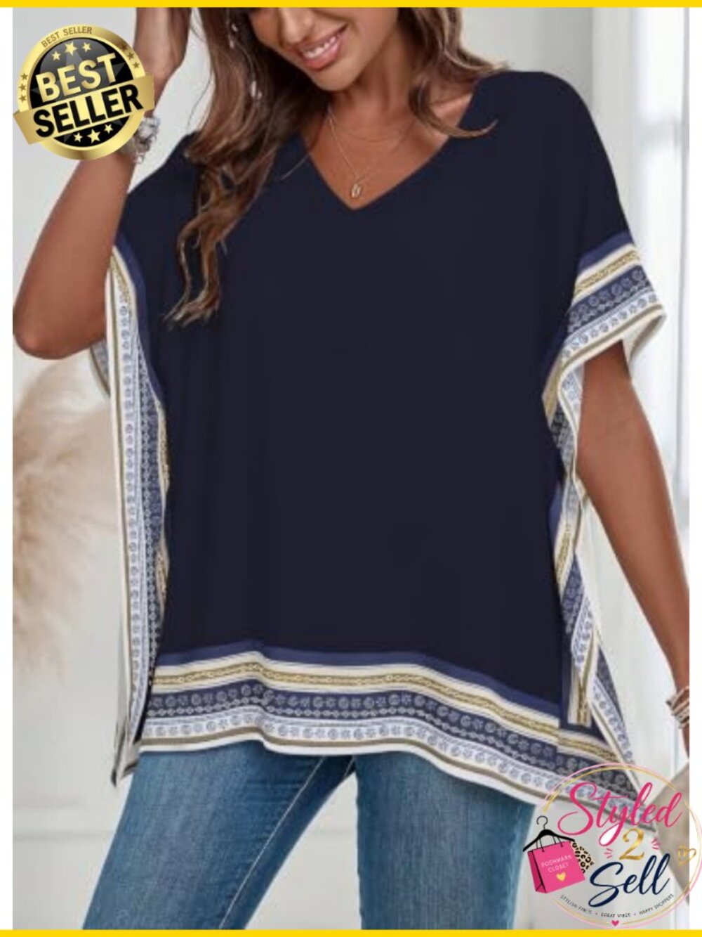 Womens Batwing Short Sleeve V Neck Floral Flowy Boho Top - Picture 2 of 6